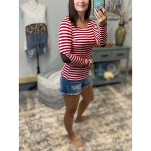 ❤️‍🔥Elbow Patch Striped Preppy Long Sleeve Top Red White 0618